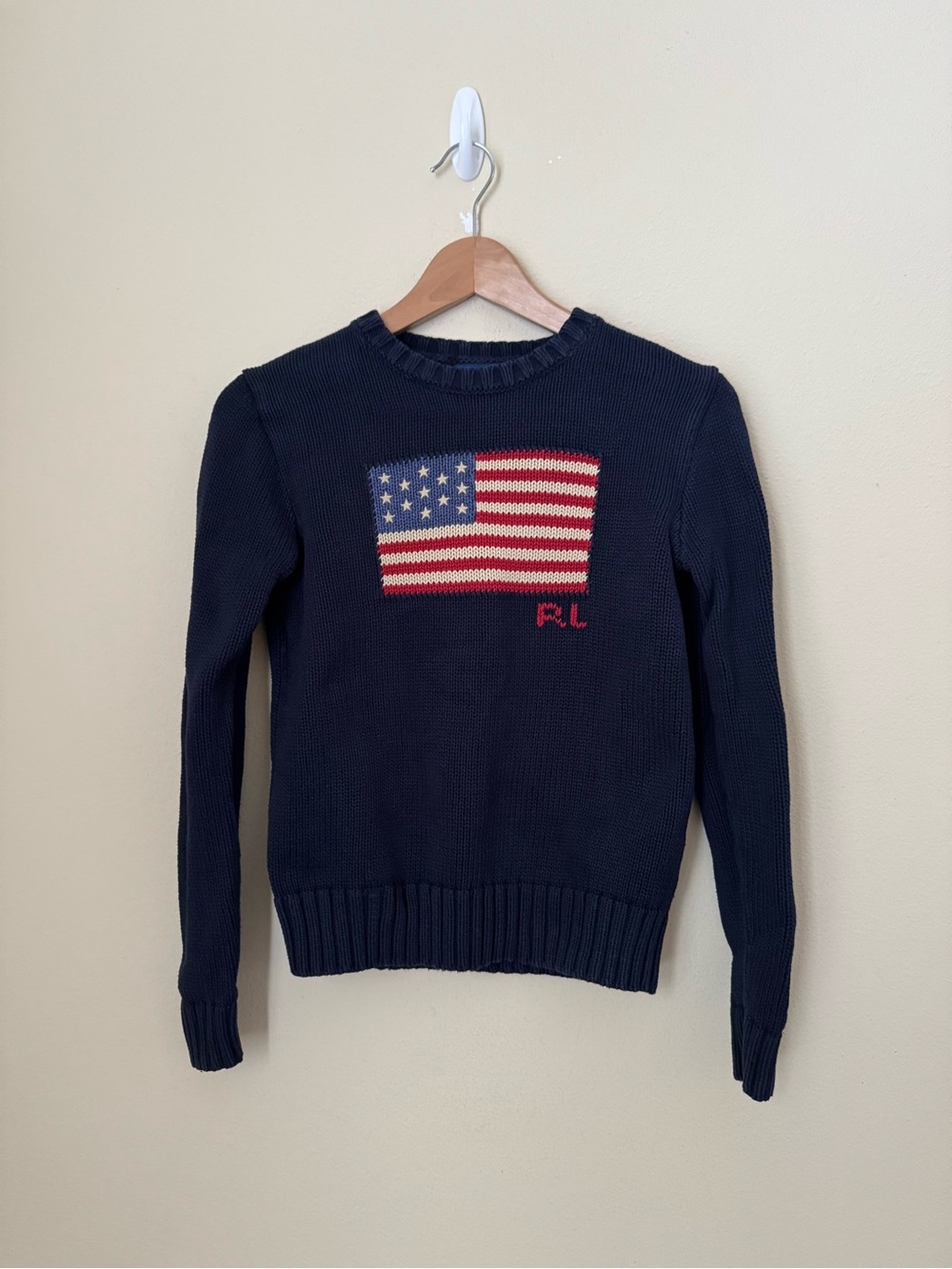 Polo Ralph Lauren American Flag Sweater USA Knit Crewneck Navy Blue Small